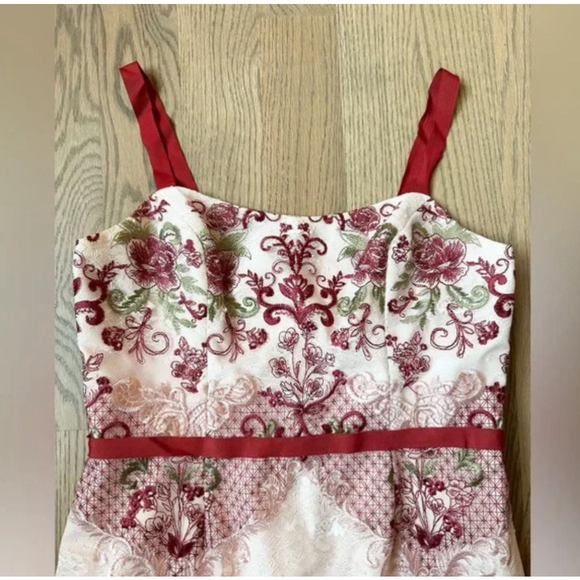 Marchesa Notte Red Pink Lace Embroidered Floral Paneled Sheath Midi Dress - Picture 3 of 9